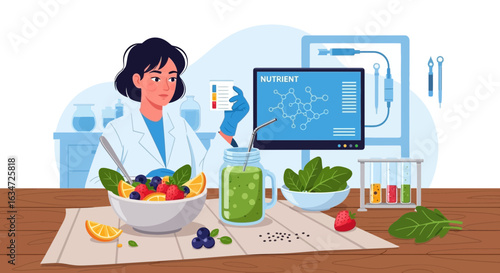 Illustration of a nutritionist analyzing the nutritional value of fruits and vegetables