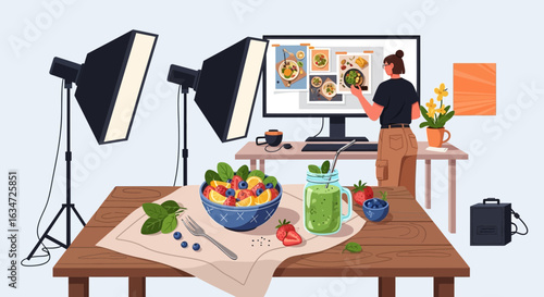 Behind the scenes of a food blogger, capturing delicious dishes in a vibrant food photography studio