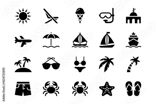 Collection of Beach and Travel Icons Black and White Silhouette Illustration for Summer Vacation Destinations