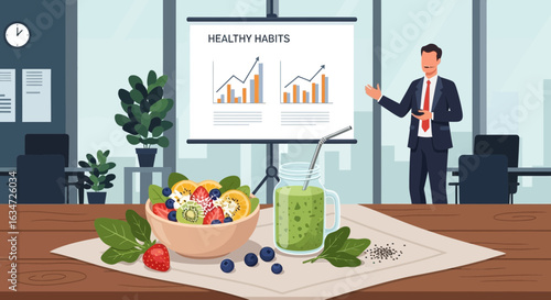 Corporate wellness program promoting healthy habits with fresh fruit and smoothie