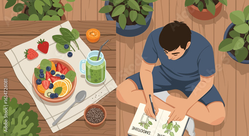 Healthy lifestyle concept featuring a man planning smoothie recipes with fresh ingredients around
