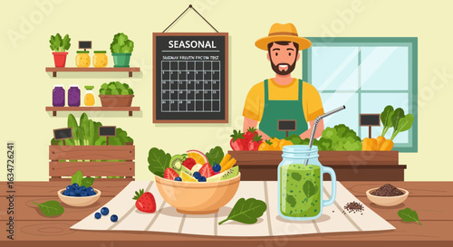 Seasonal fruit and vegetable market with farmer, smoothie and fruit salad cartoon