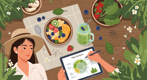 A nutritionist analyzes a healthy breakfast including fruits, smoothie and the fiber content,
