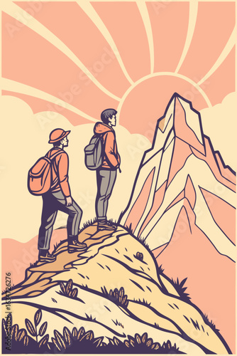  Two trekkers watching sunrise from mountain peak.