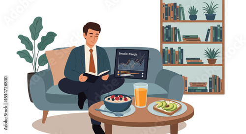 Illustration depicting a man reading a book while checking charts and having breakfast at home