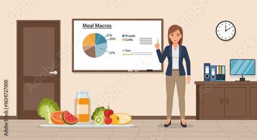 Nutritionist explaining meal macros with chart and healthy foods for wellness