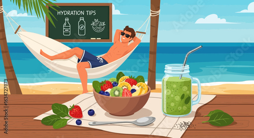 Relaxing tropical beach scene with hydration tips for a healthy lifestyle