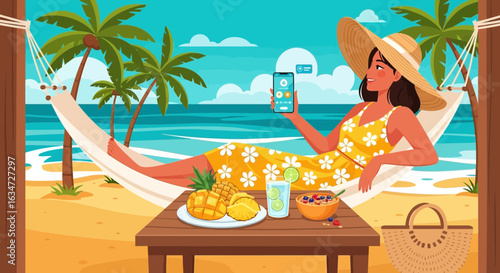 Woman enjoying a beach vacation in a hammock while using her smartphone device
