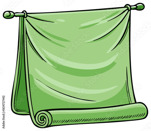 Green towel hanging on a rod with a rolled bottom edge and draped fabric