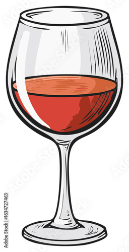 Elegant Wine Glass Artwork Showcasing Red Wine with Shaded Detail Line Illustration