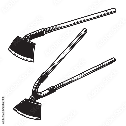 Vintage illustration of two black and white garden hoes overlaid on a plain white background