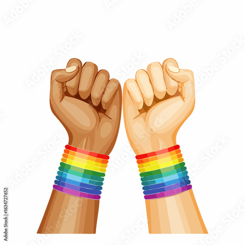 Zwei Hände mit Regenbogenarmbändern