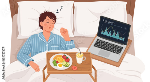 Illustration of a man sleeping in bed with breakfast and sleep quality analysis on his laptop