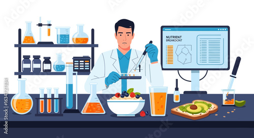 Scientist analyzing nutrient breakdown of healthy food in a laboratory setting