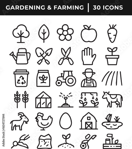 Gardening and farming related line art icon set collection vector illustration