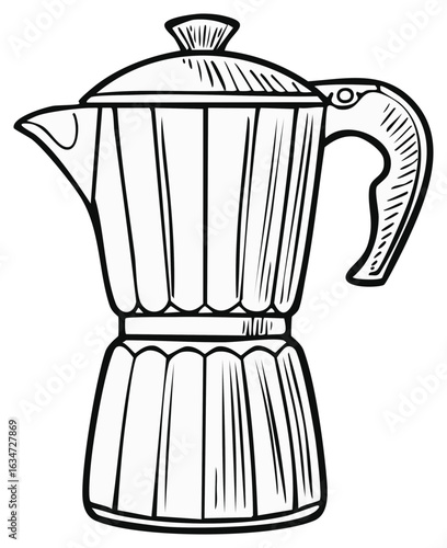 Hand drawn illustration of a classic stovetop coffee maker with a handle and lid