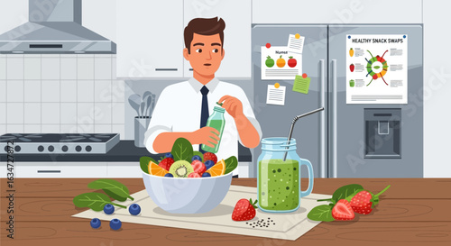 Young professional preparing a healthy smoothie in his modern kitchen for a nutritious lifestyle