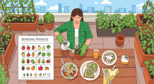 Rooftop gardening and healthy lifestyle illustration, featuring a woman tending to plants and