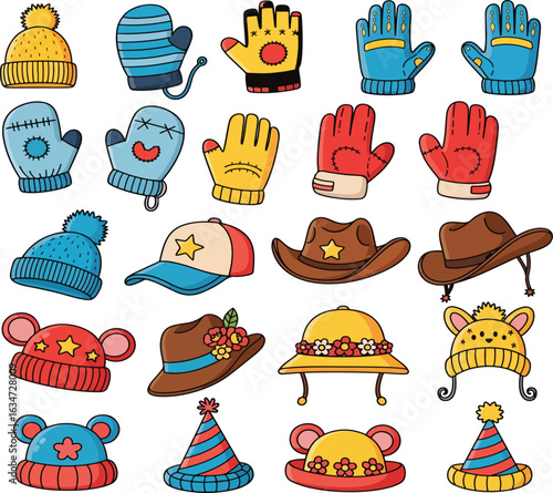 Cute set of funny cartoon hats and gloves