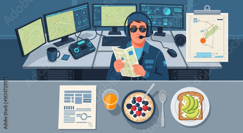 Cartoon character multitasking in a modern control room with healthy breakfast