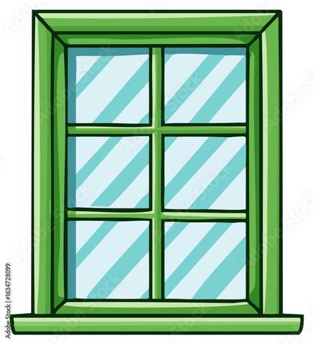Green framed window featuring a clean design, blue glass and visible reflections offering bright look for design purposes