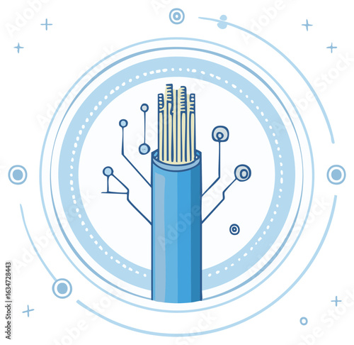 Close-up of blue fiber optic cable with glowing internal threads and electronic circuit design