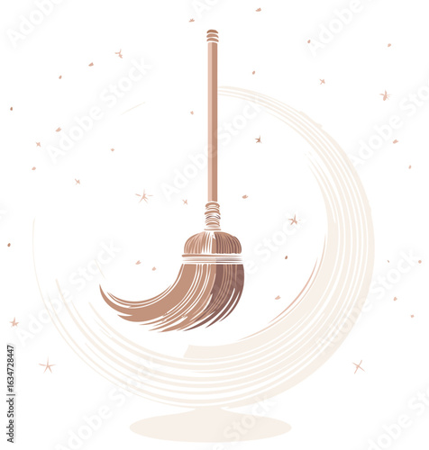 Broom sweeps crescent moon in starry night illustration, symbolizing household chore cleaning magic and creating whimsical dreamy atmosphere