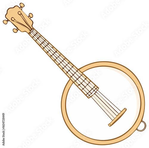 Illustrated stringed banjo musical instrument with circular resonator and fretboard for bluegrass or folk music genres