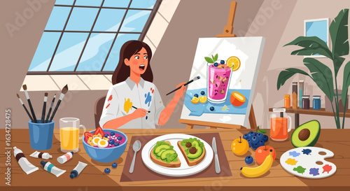 A young woman is painting a delicious fruit smoothie while enjoying breakfast indoors illustration