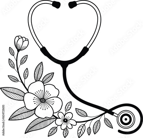 Floral Heart-Shaped Stethoscope Line Art Black and White Medical and Botanical Illustration