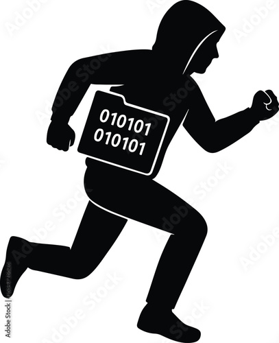 Silhouette of a hacker running with stolen data representing cybercrime and information theft in a digital world