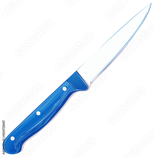Shiny paring knife with blue handle rests against blank backdrop sharp pointed blade kitchenware cutlery tool illustration