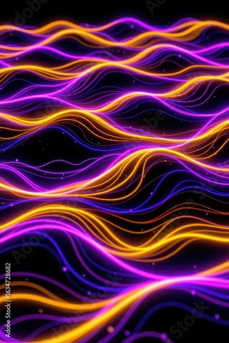 abstract neon wave pattern mimicking ocean ripples, glowing yellow and electric purple on pitch black background.