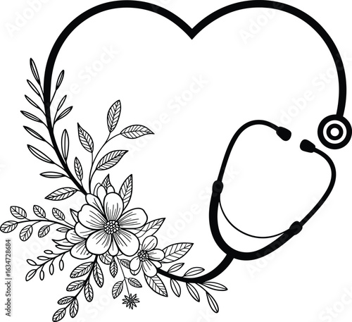 Floral Heart-Shaped Stethoscope Line Art Black and White Medical and Botanical Illustration
