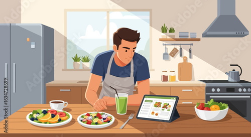 Young man consulting a digital tablet while preparing a healthy meal in a bright kitchen