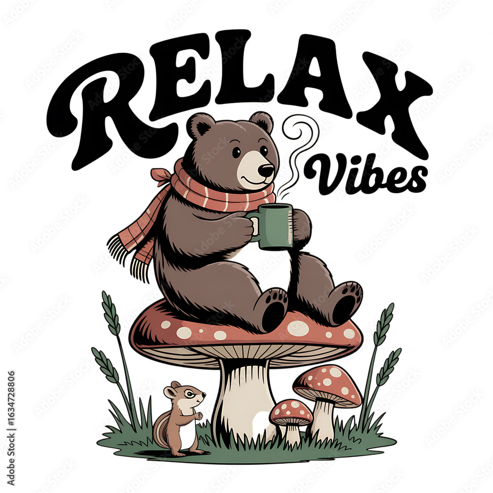 Obraz premium Cute bear wearing scarf sitting on mushroom and drinking coffee isolated on transparent background