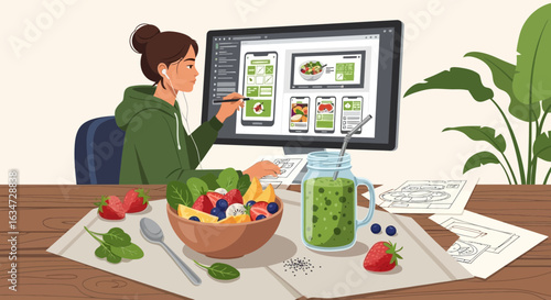 A female ui designer working on a healthy food app while enjoying fruit and smoothie at her home
