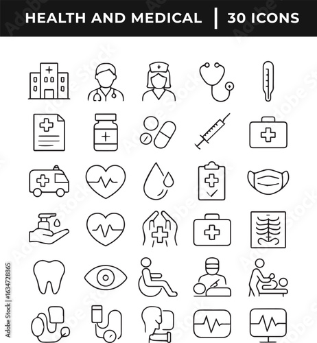 Set of health and medical related icon collection line art vector illustration