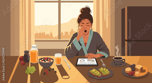 Woman at breakfast yawning while using a tablet near the window with city view