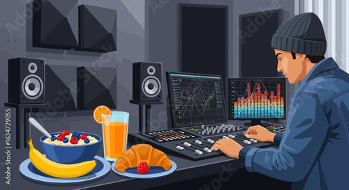Illustrative scene of a music producer at work in his studio with a breakfast setup