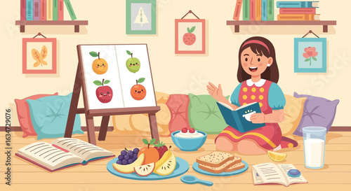 Charming illustration of a young girl enjoying a storytime surrounded by colorful elements
