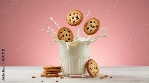 Cookies and milk splash, a delightful treat.
