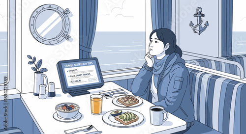 Woman enjoying healthy breakfast on a cruise, contemplating ocean travel nutrition tips