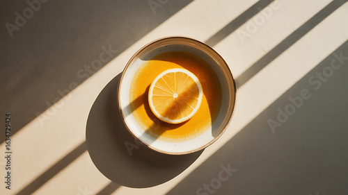 Lemon slice in a shallow bowl, sunlit shadows.
