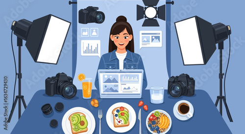 Food photographer editing photos in her laptop inside a studio setting with breakfast