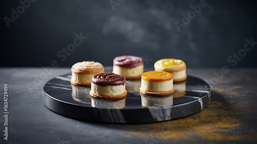 Assorted colorful ice cream cakes on a dark stone platter.
