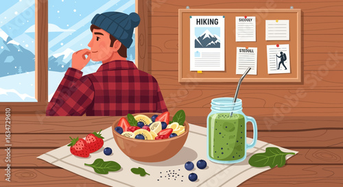 Cartoon man enjoying healthy breakfast and contemplating winter adventures indoors