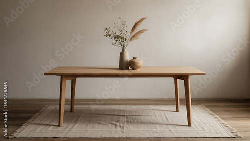 Simple, light oak dining table with neutral decor.
