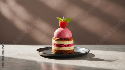 Pink dessert tower with raspberry and cream layers.
