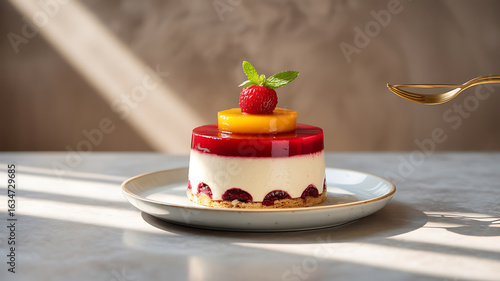 A layered dessert with fruit and cream. Delicious looking.
